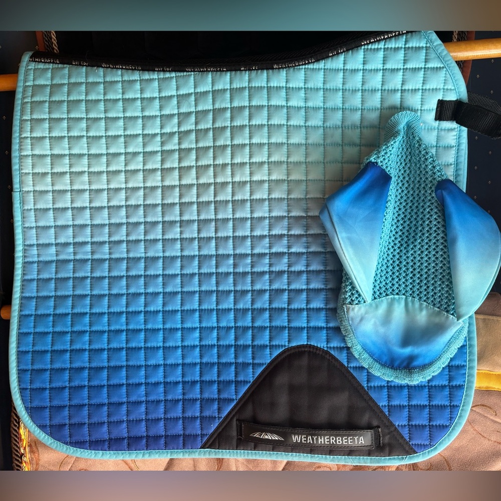 Weatherbeeta Blue Gradient Dressage Saddle
Pad. Comes with matching fly bonnet.